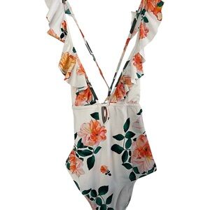 Cupshe Floral Ruffle Strap Tie Back One Piece Swimsuit – Size L